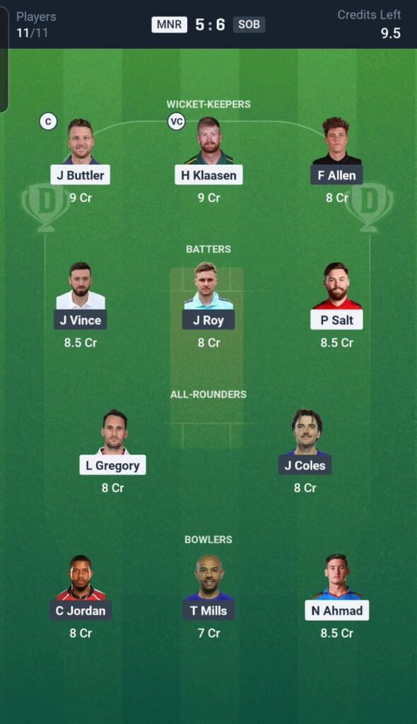 MNR vs SOB Dream11 Team 2nd Match